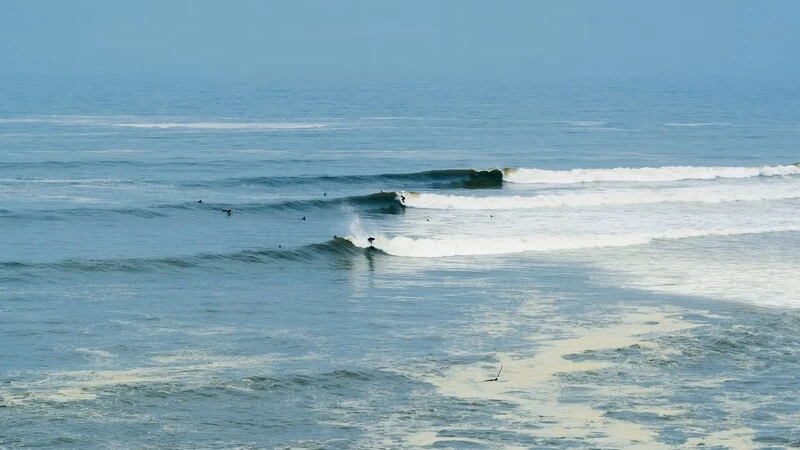 Surfers and travelers enjoying a sunny beach day at Costa Verde in Lima, Peru.