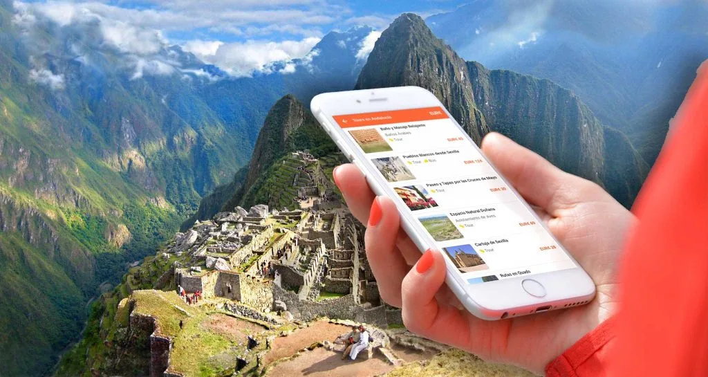 Young traveler checking backpacker apps while visiting Lima, Peru.