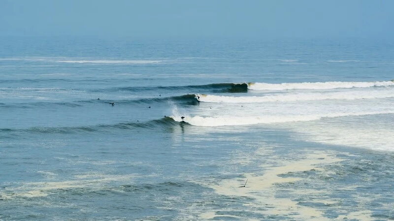 Surfers and travelers enjoying a sunny beach day at Costa Verde in Lima, Peru.