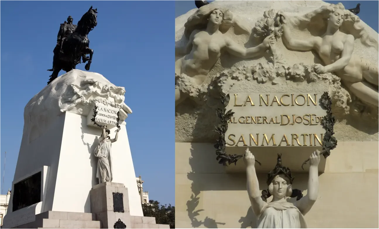 Statue of Liberty with llama on her head at Plaza San Martín in Lima Peru.